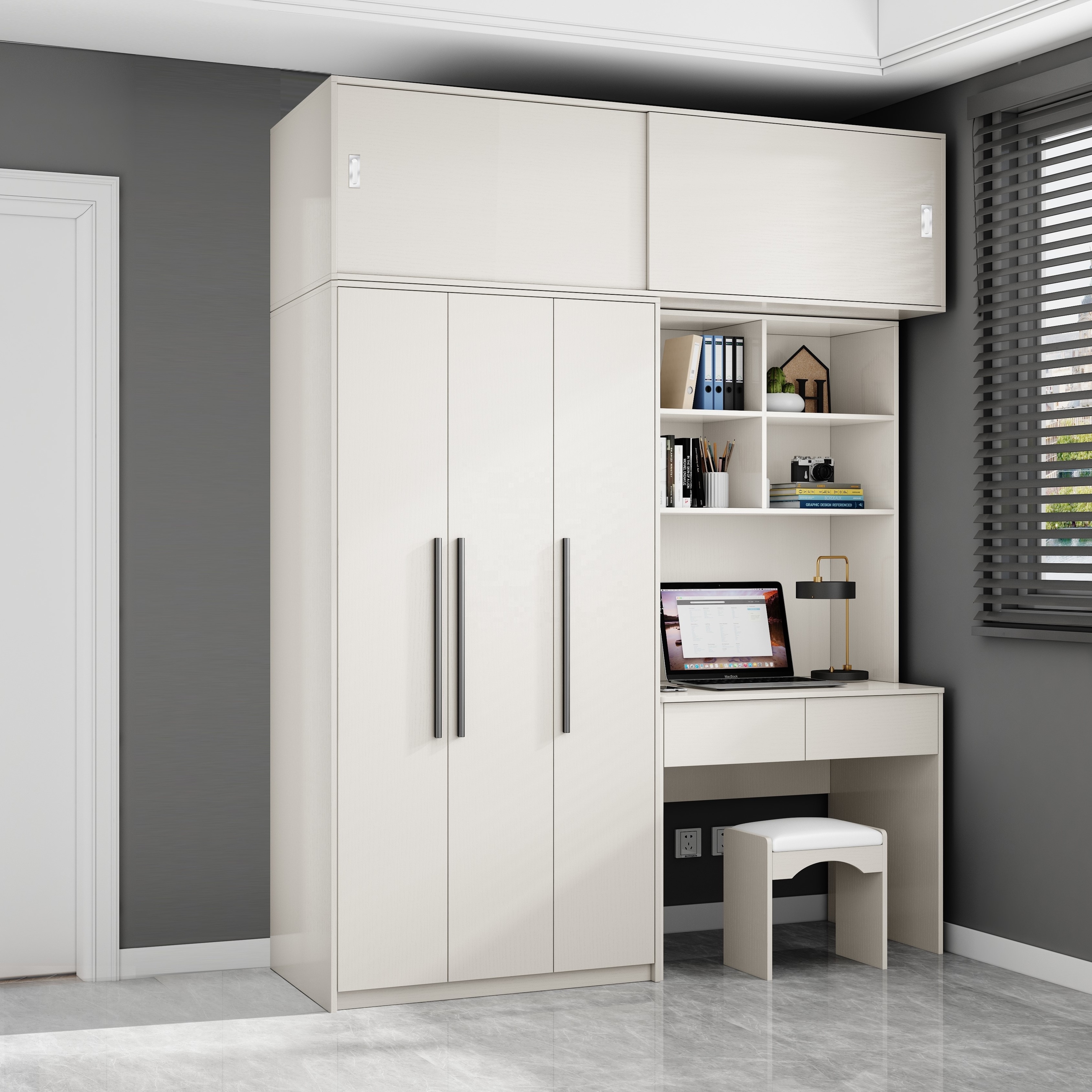 modern minimalist  wardrobe with book shelves and study table