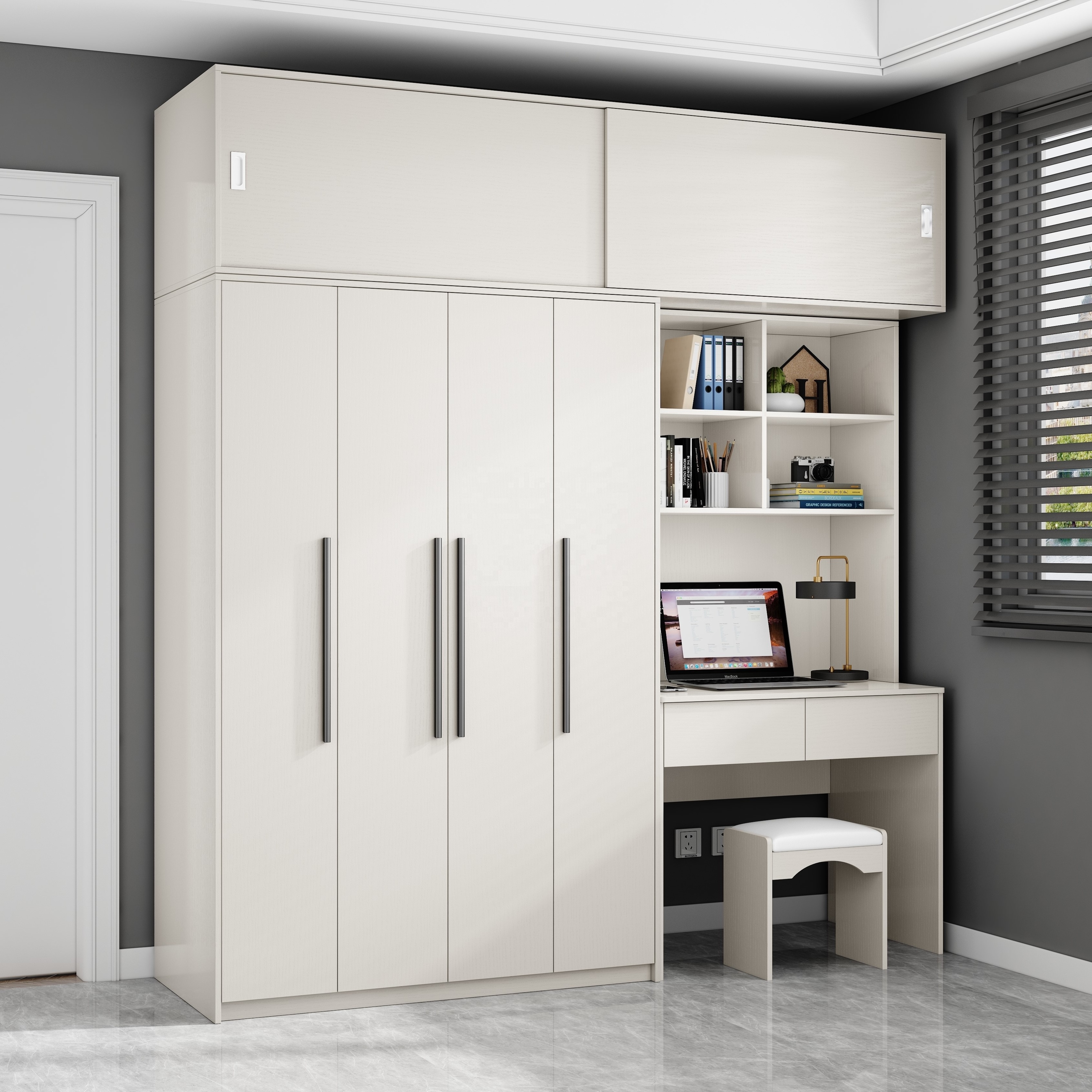 modern minimalist  wardrobe with book shelves and study table