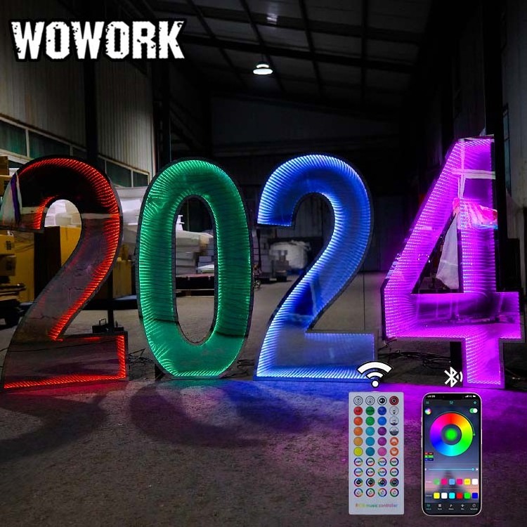 2024 WOWORK customized outside 3d wedding decoration led illuminated infinity mirror number baby letter of birthday party event