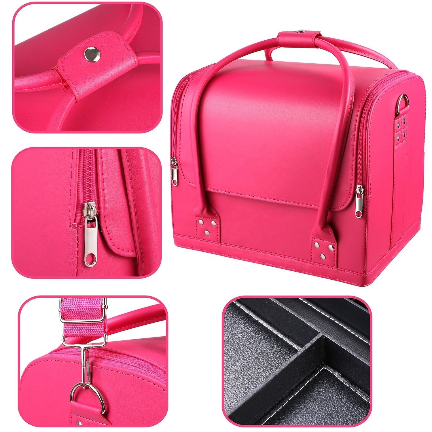 New design PU Leather Cosmetic Makeup Case With Handle Beauty Boxes Hot Selling PU Bag Vanity Grooming Box