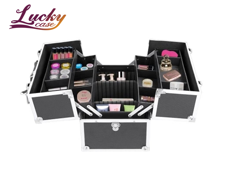 Professional Aluminum Makeup Train Case Organizer Locking Portable Cosmetic Box Storage Bag with Strap & 4 Extendable Trays