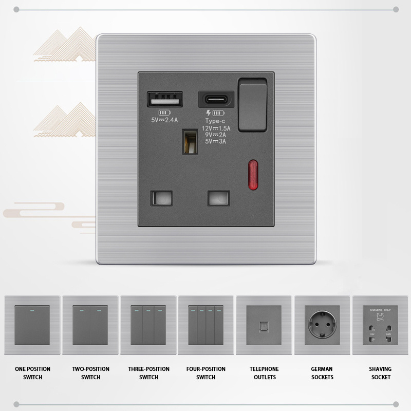 86 Wall switch Building electrical stainless steel gray 1 gang 1 way lever switch Single open double control decorative panel EU