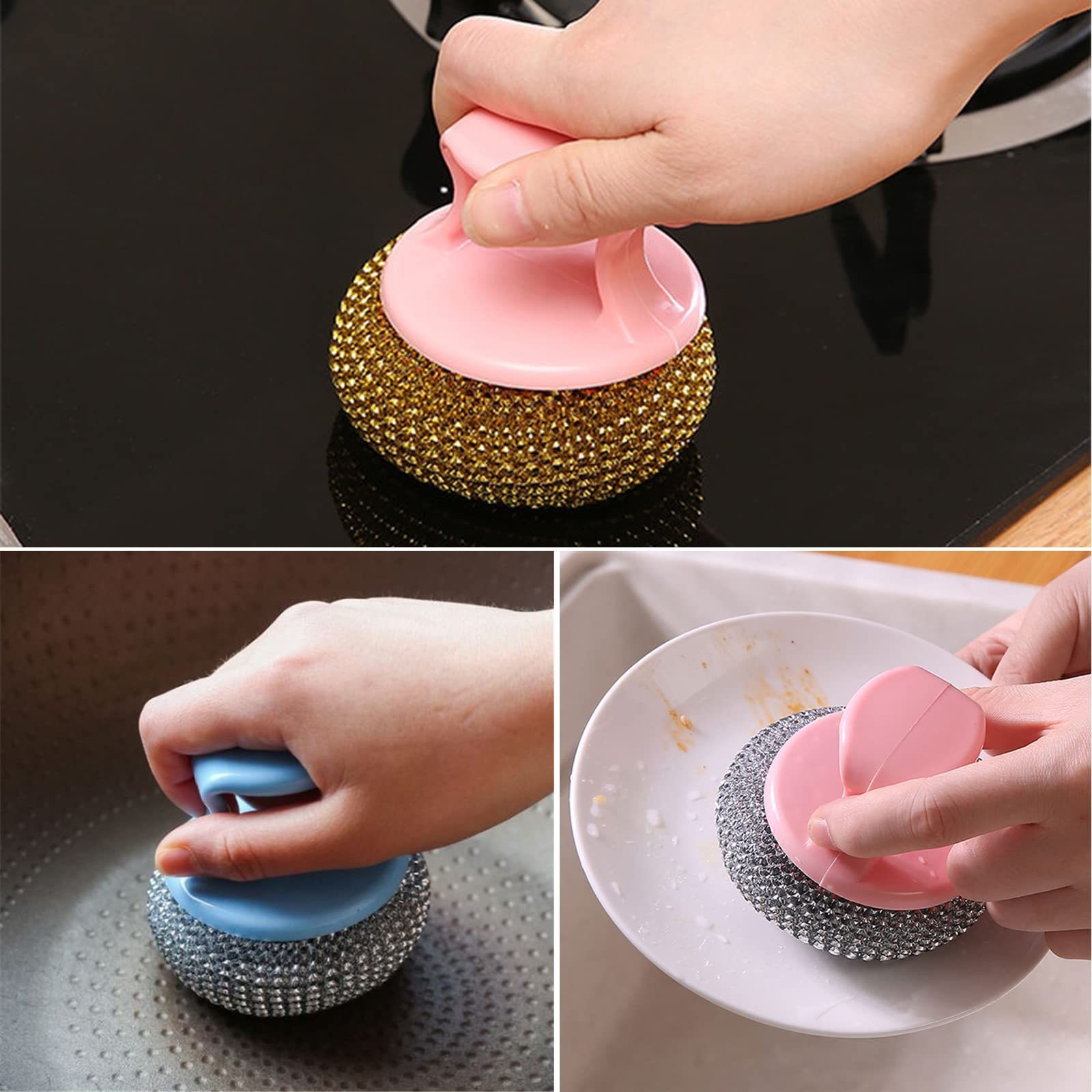 BONNO Stainless Steel Sponges Wool Scrubbers Cleaning Sponges Metal Wire Scourer Heavy Duty Scrubbing Scouring Pad with Handle