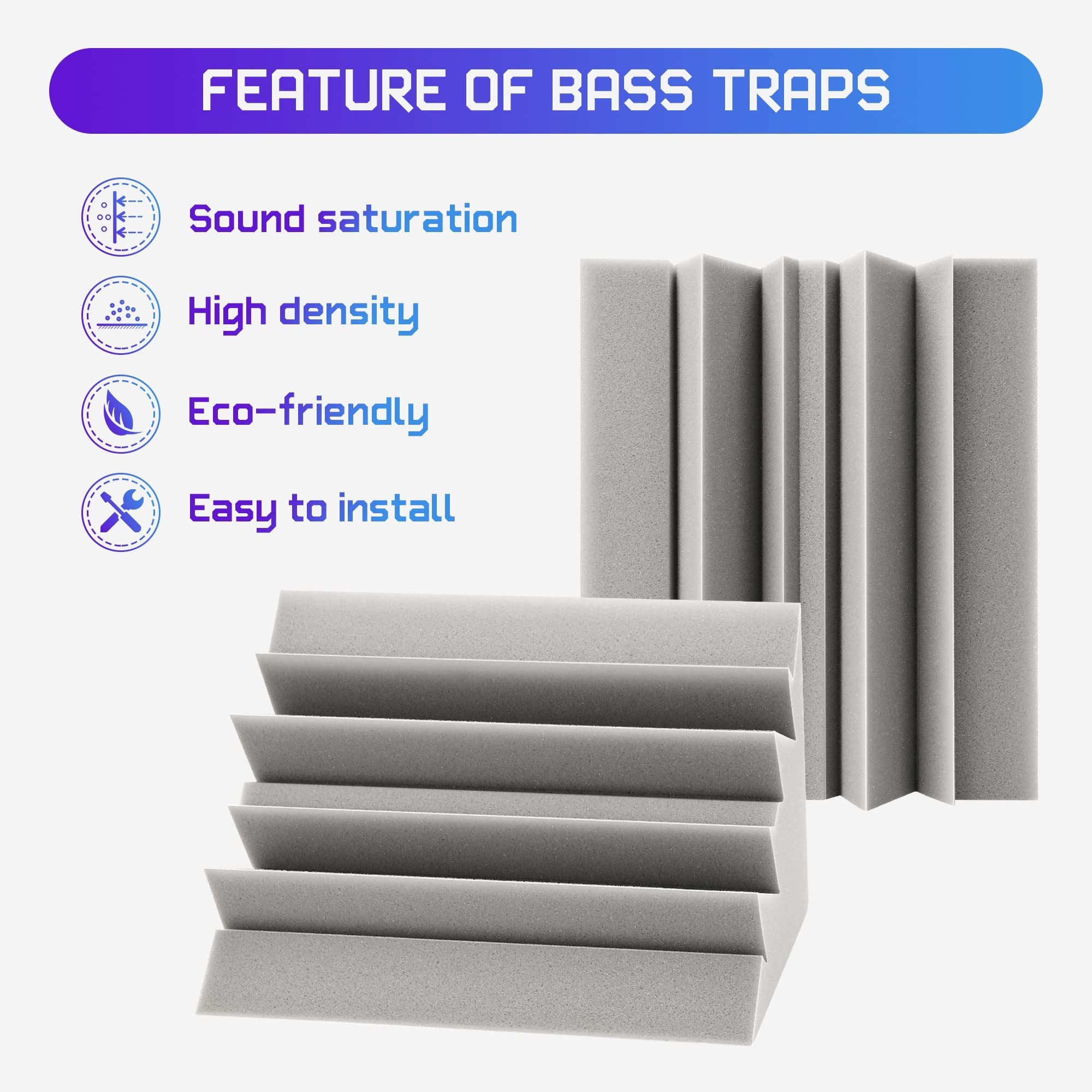 BONNO Gray Acoustic Foam Bass Trap Studio Foam Soundproof Padding Wall Panels Corner Block Finish for Studios Home and Theater