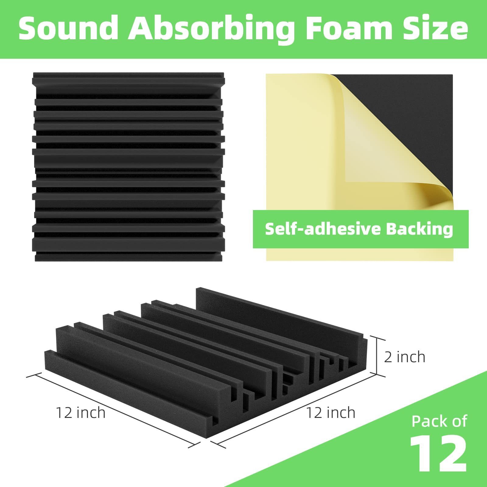 Self-Adhesive Sound Proof Foam Panels 12 X 12 X 2 inch Acoustic Foam High Resilience Sound Proofing Padding for Wall