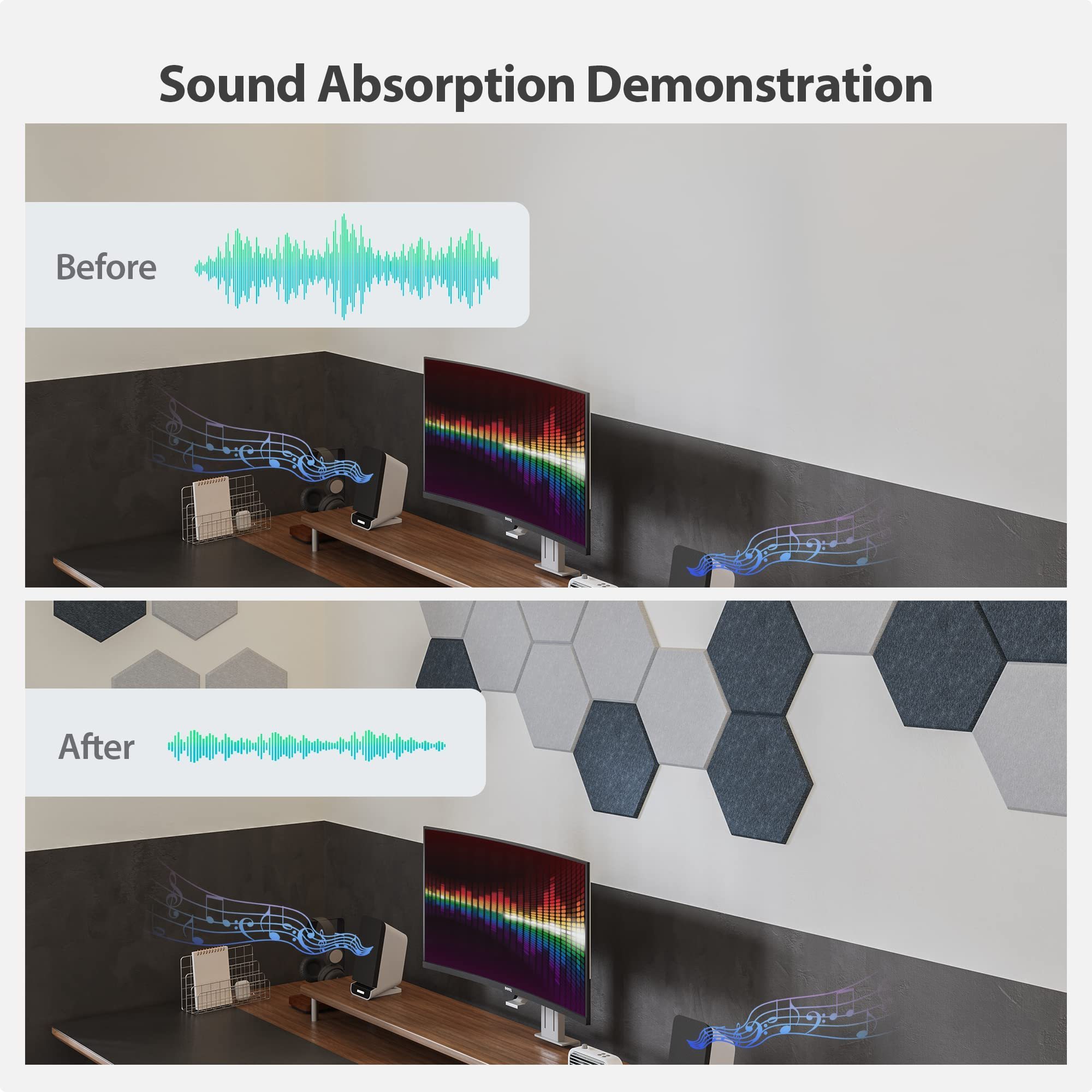 High Density Acoustic Panels Self Adhesive Sound Proof Foam Sound Acoustic Foam Panel 12X10.23X0.4 Inch Hexagon Wall Panels