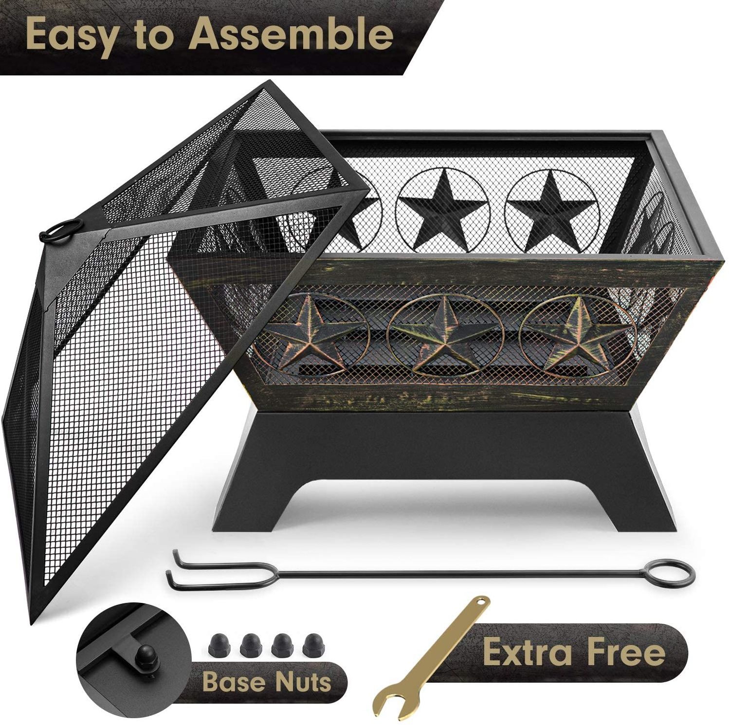 Fire Pit Outdoor Wood Burning 24in Firepit Firebowl Fireplace Poker Spark Screen Retardant Mesh Lid Outside Backyard Deck