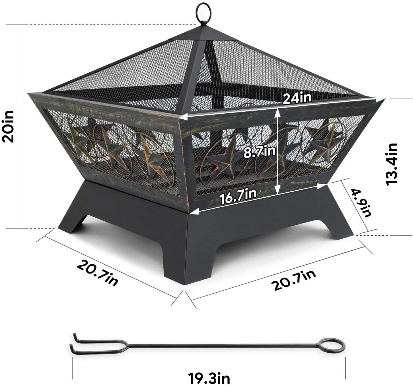 Fire Pit Outdoor Wood Burning 24in Firepit Firebowl Fireplace Poker Spark Screen Retardant Mesh Lid Outside Backyard Deck