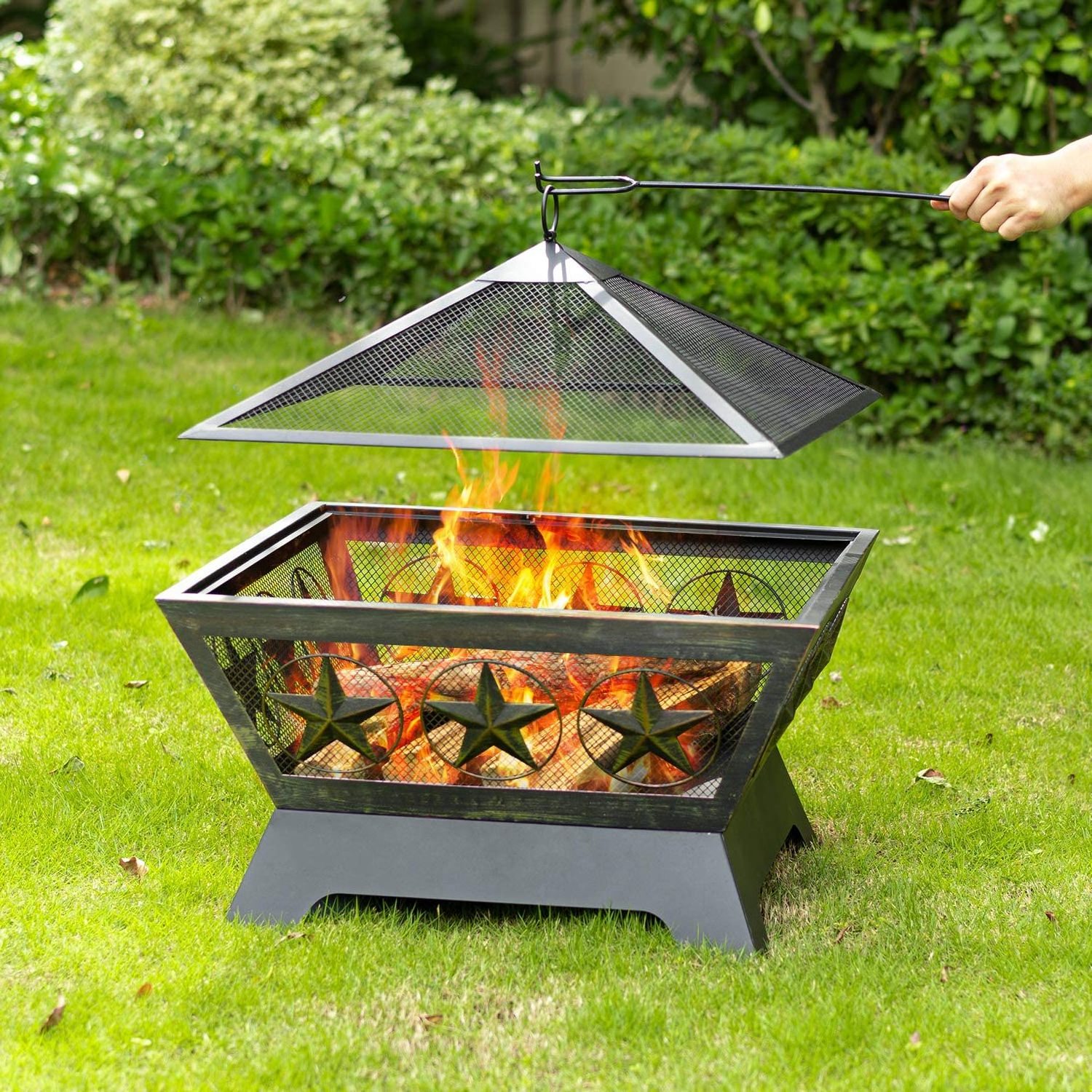 Fire Pit Outdoor Wood Burning 24in Firepit Firebowl Fireplace Poker Spark Screen Retardant Mesh Lid Outside Backyard Deck