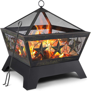 Fire Pit Outdoor Wood Burning 24in Firepit Firebowl Fireplace Poker Spark Screen Retardant Mesh Lid Outside Backyard Deck