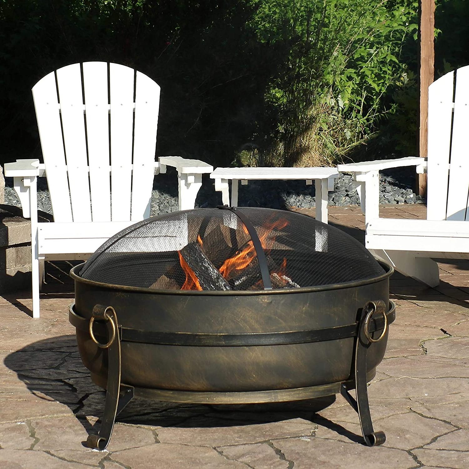 Outdoor Cauldron Fire Pit Backyard & Patio Wood-Burning Fire Pit for Outside with Round Spark Screen, Poker and Metal Grate