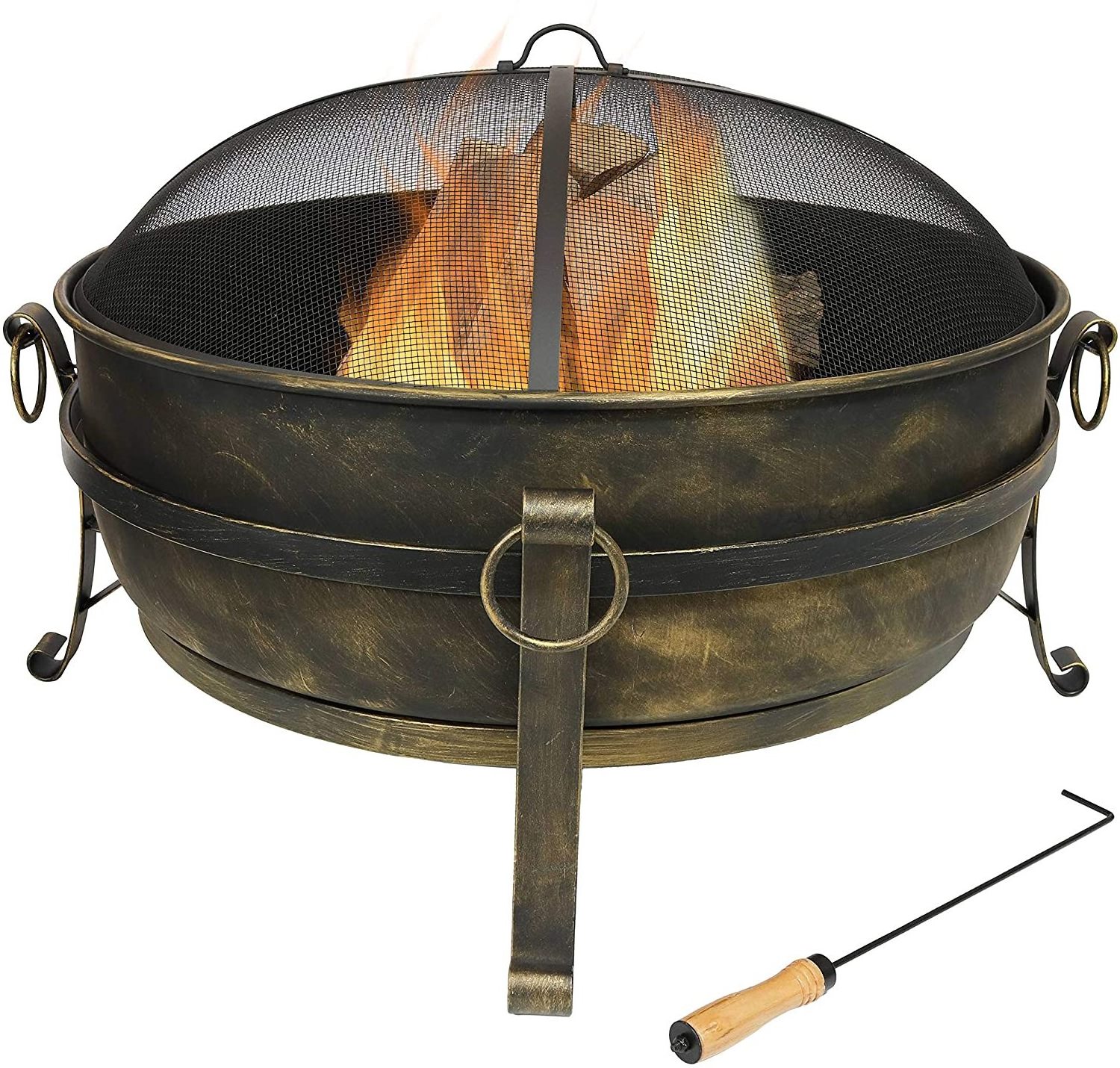 Outdoor Cauldron Fire Pit Backyard & Patio Wood-Burning Fire Pit for Outside with Round Spark Screen, Poker and Metal Grate