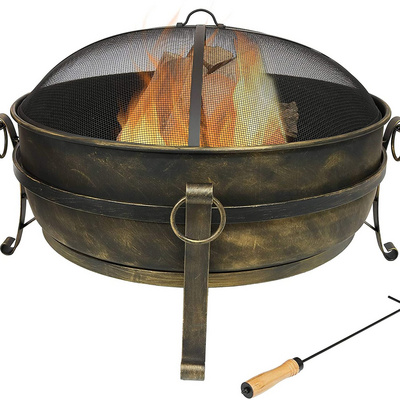 Outdoor Cauldron Fire Pit Backyard & Patio Wood-Burning Fire Pit for Outside with Round Spark Screen, Poker and Metal Grate