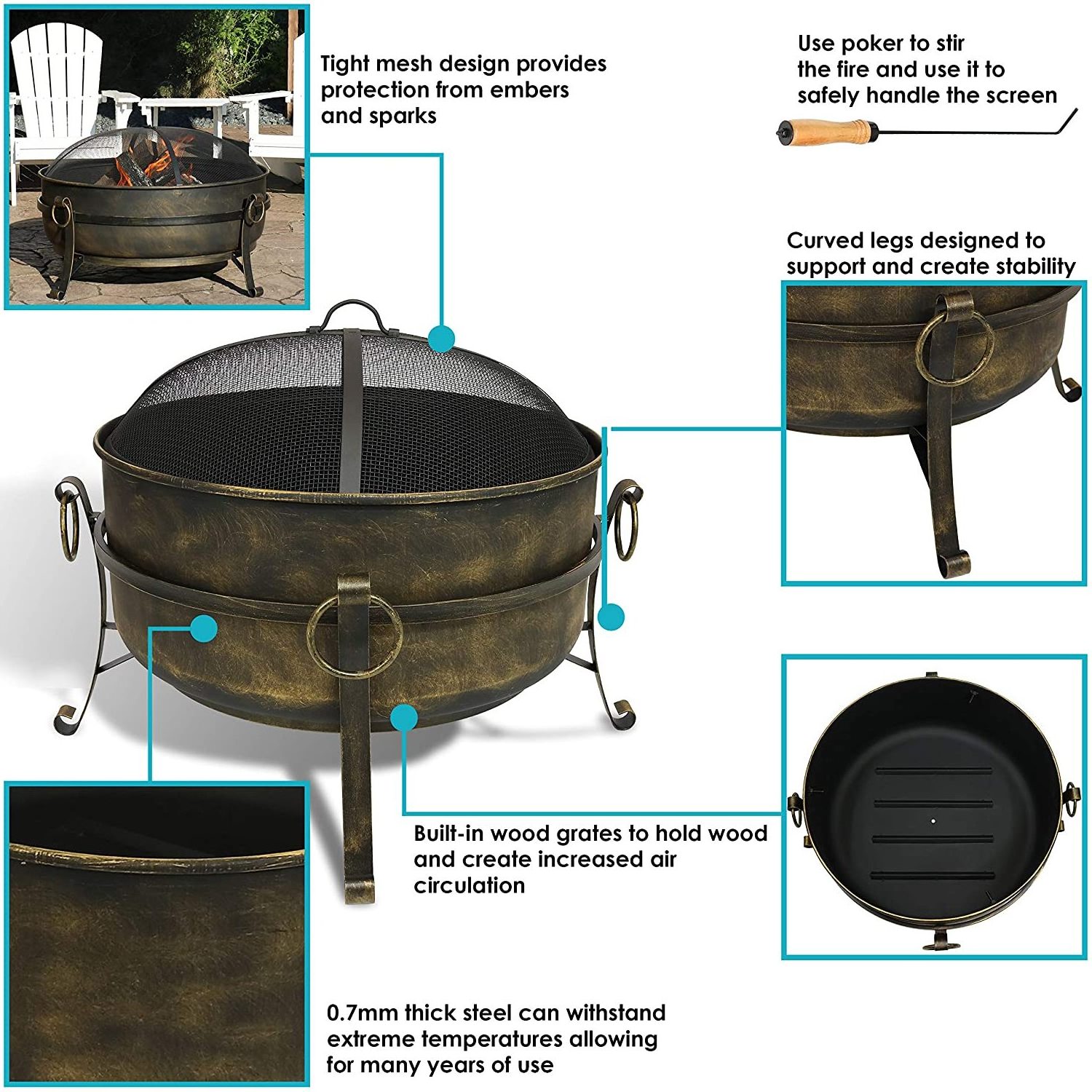 Outdoor Cauldron Fire Pit Backyard & Patio Wood-Burning Fire Pit for Outside with Round Spark Screen, Poker and Metal Grate