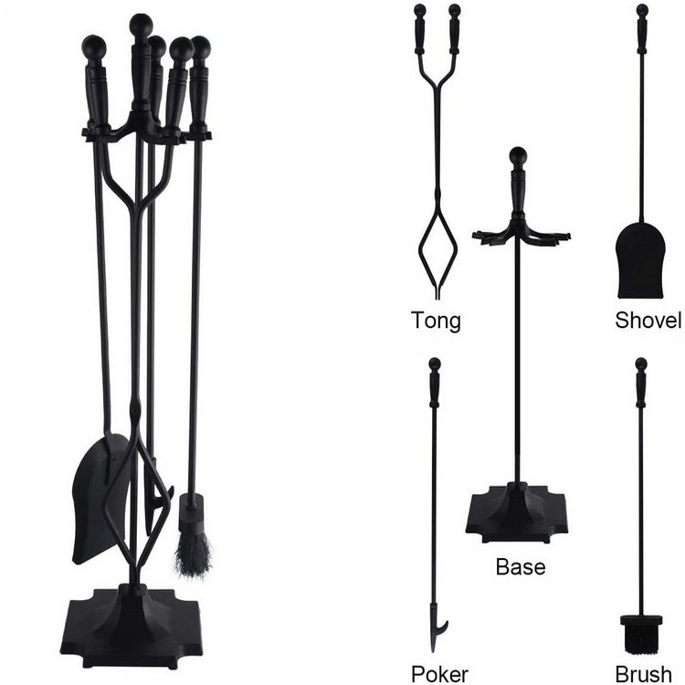 Fireplace Tools Sets Wrought Iron Indoor Fireplace Set with Poker Tongs Broom Shovel Stand Fire Tools Outdoor Rustic Fire Poker