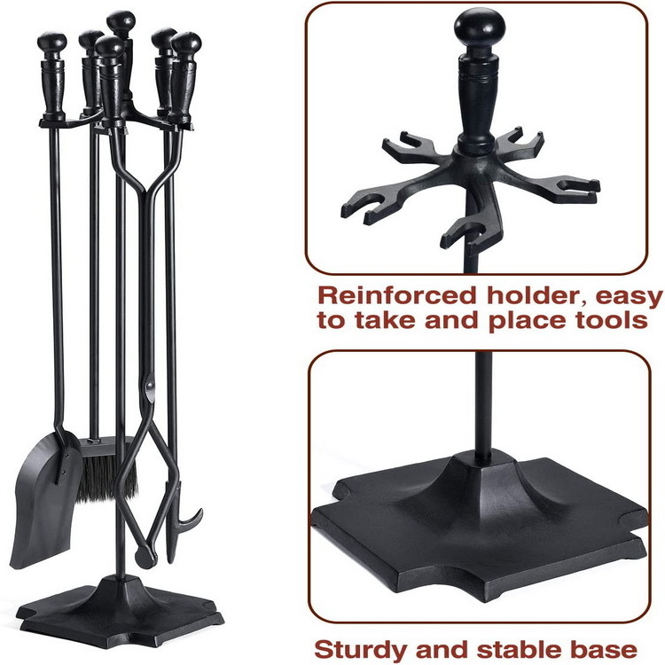 Fireplace Tools Sets Wrought Iron Indoor Fireplace Set with Poker Tongs Broom Shovel Stand Fire Tools Outdoor Rustic Fire Poker