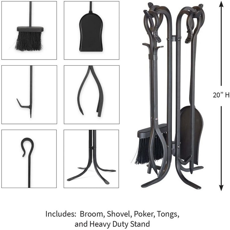 Fireplace Tools Sets Black Wrought Iron and Indoor Fireplace Accessories Log Holder Fire Pit Stand Fire Tongs Shovel