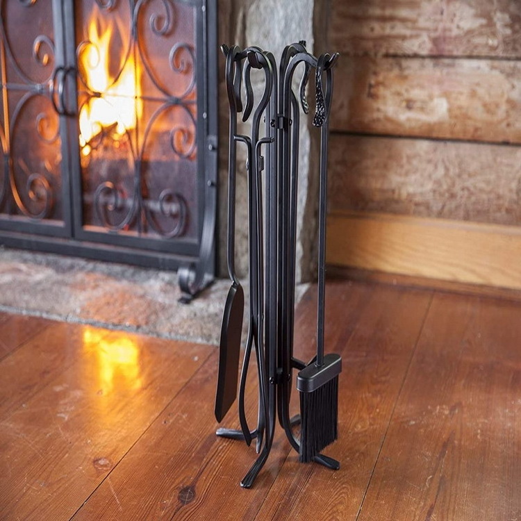 Fireplace Tools Sets Black Wrought Iron and Indoor Fireplace Accessories Log Holder Fire Pit Stand Fire Tongs Shovel