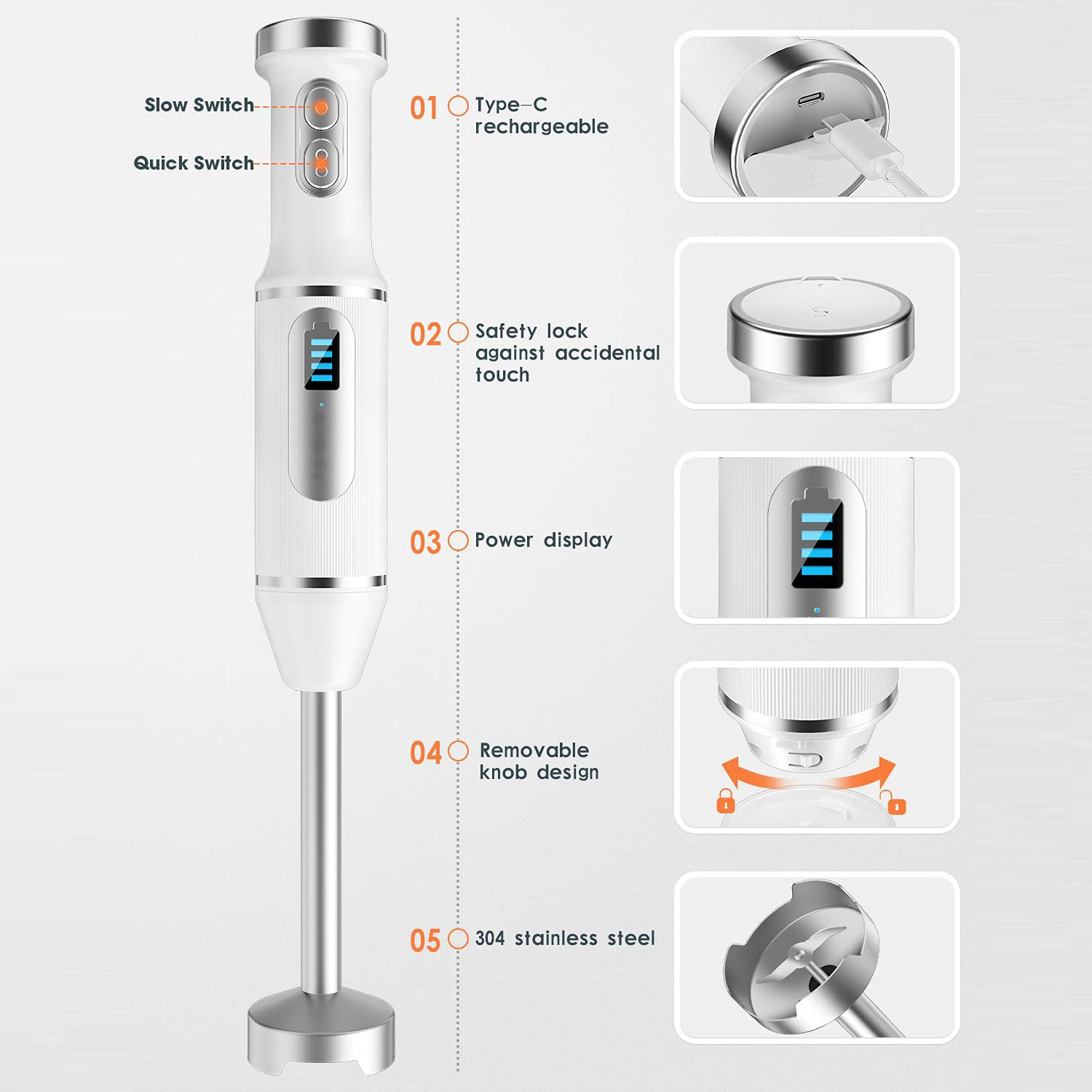 4 In 1 kitchen multifunction usb rechargeable electric portable fruit juice immersion stick cordless hand blender