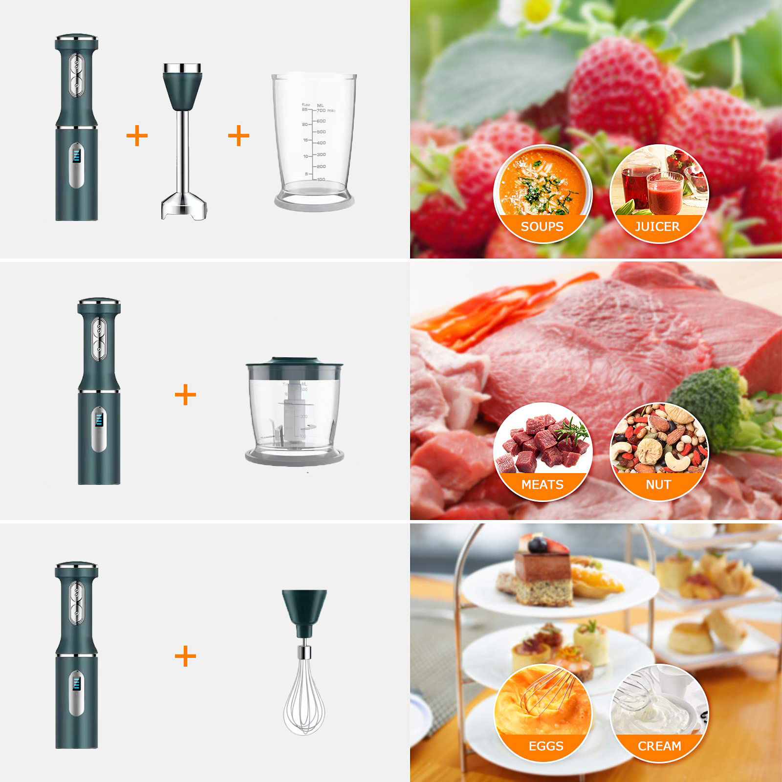 4-In-1 immersion blender 700ml juice cup stainless steel whisk 600ml chopper hand held usb smart food processor