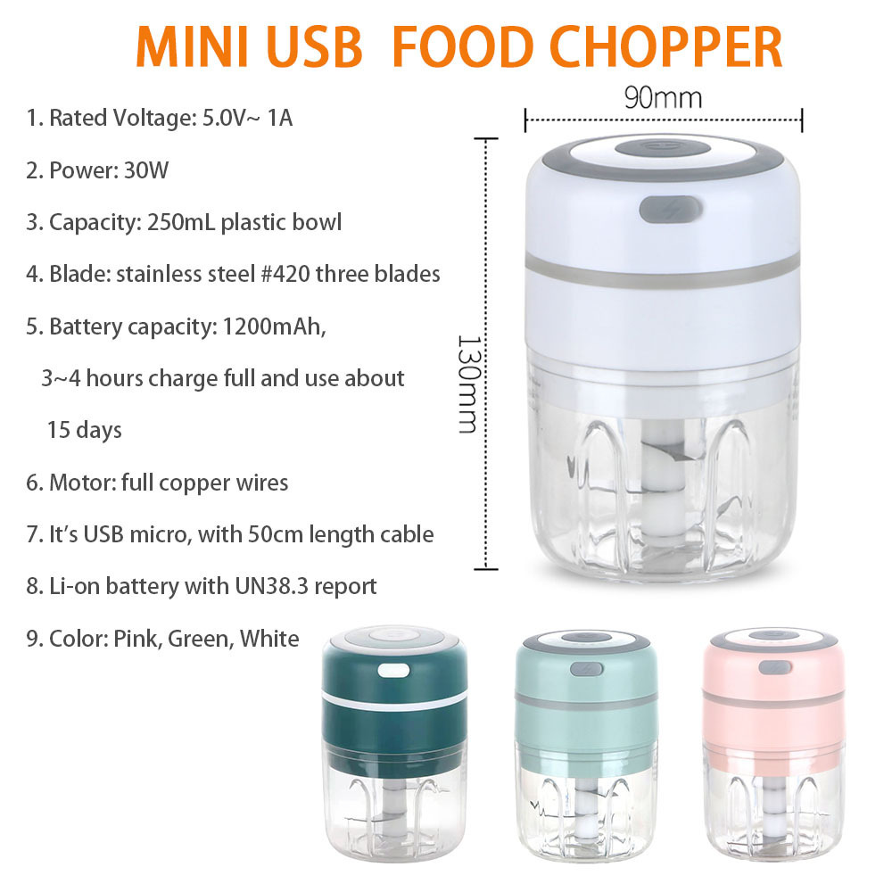 Kitchen 2 in 1 250 ml plastic bowl round mini automatic usb charged electric chili vegetable crusher garlic and ginger crusher