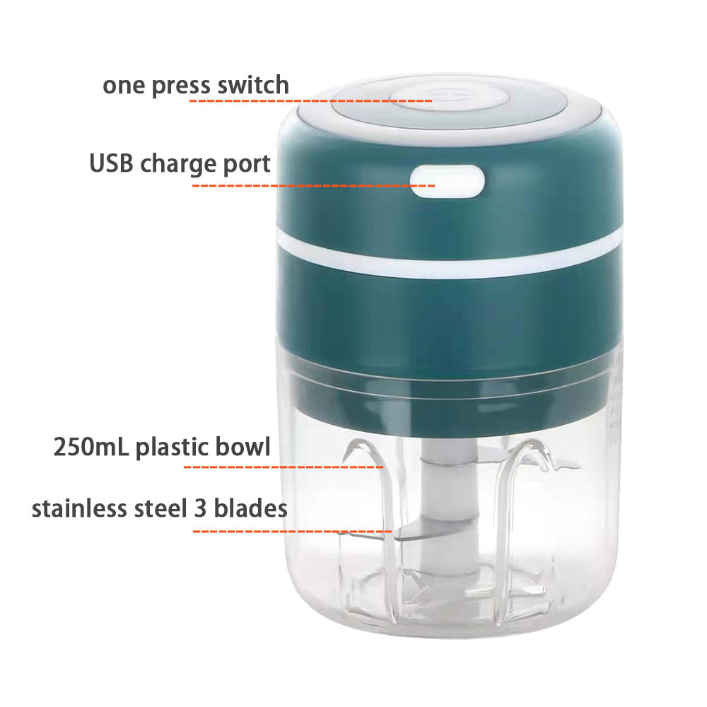 Kitchen 2 in 1 250 ml plastic bowl round mini automatic usb charged electric chili vegetable crusher garlic and ginger crusher