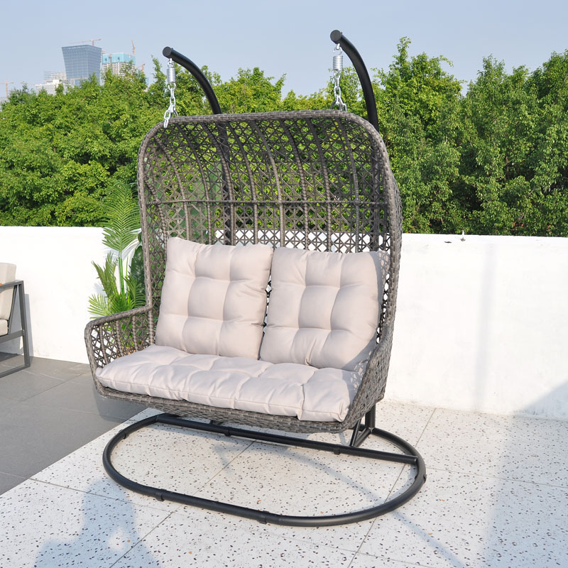 Hot Sale Custom Modern  Outdoor Two Person Double Swing Chair Wicker Hanging Chair Metal Stand Patio Swing