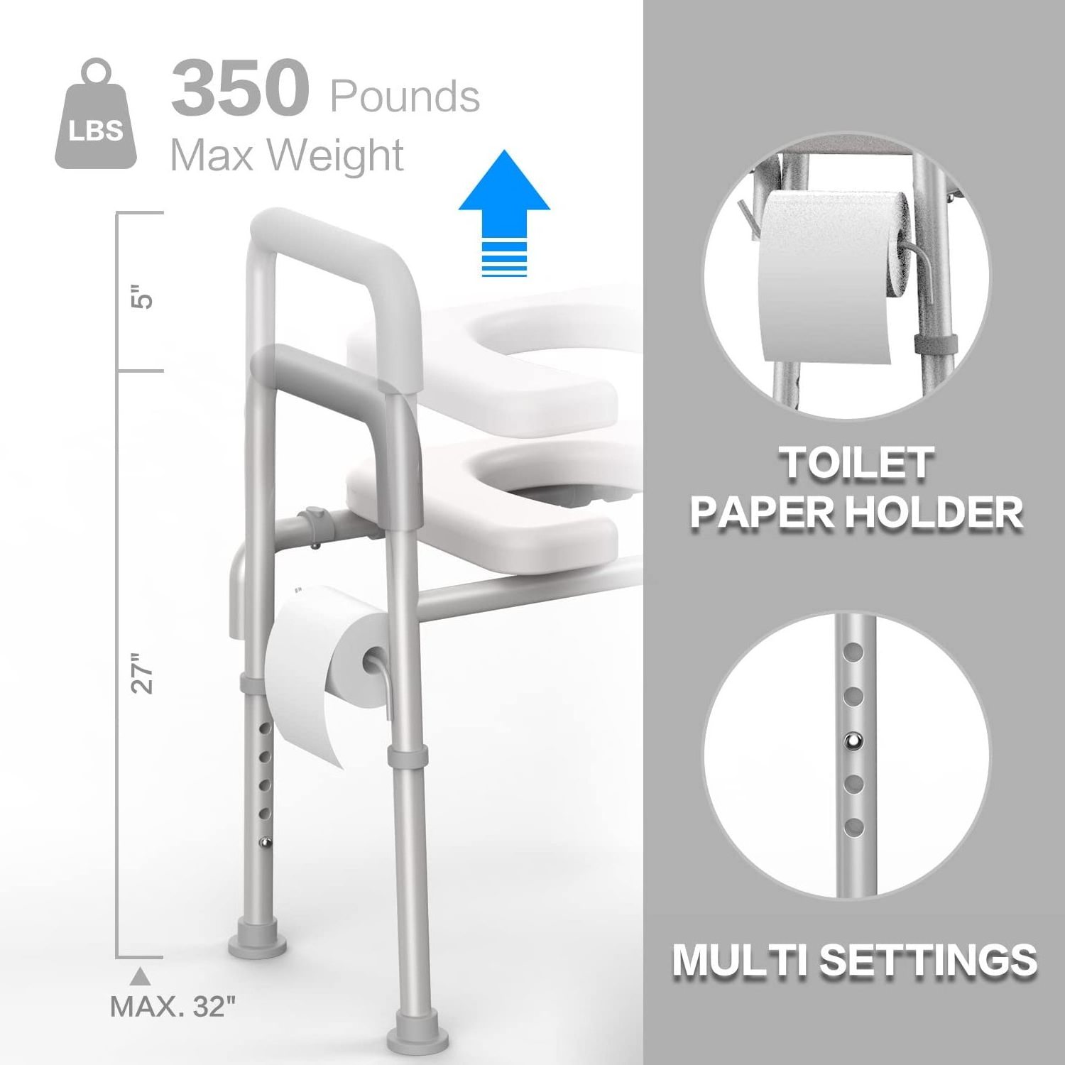 2-in-1 Adult Aluminum Toilet Stand Support Frame Raised Toilet Seat Commoder Chair for Elderly Healthcare Walker & Rollator