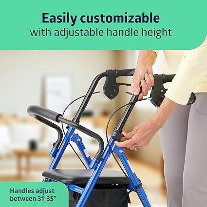 Steel Rollator Walker for Adult Mobility Impairment, Foldable, Adjustable Handles, Rolling Walker for Seniors