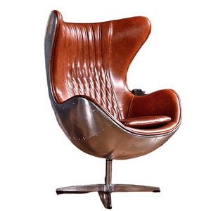 Living Room Vintage Retro Style Brown Genuine Leather Metal Aluminum Swivel Aviator Sofa Chair For Sale  Vintage aviator chair