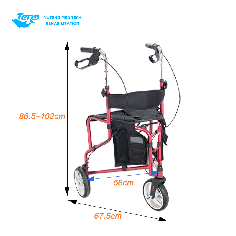 Mobility Aids Lightweight 3 Wheel Folding Steel Rollator Walker Manual Walker Rollator For Disabled