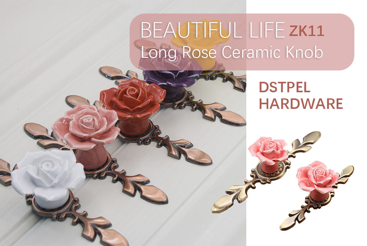 Furniture Colorful Flower Ceramic Drawer Handles Knobs Elegant Pink Rose Cabinet Pulls