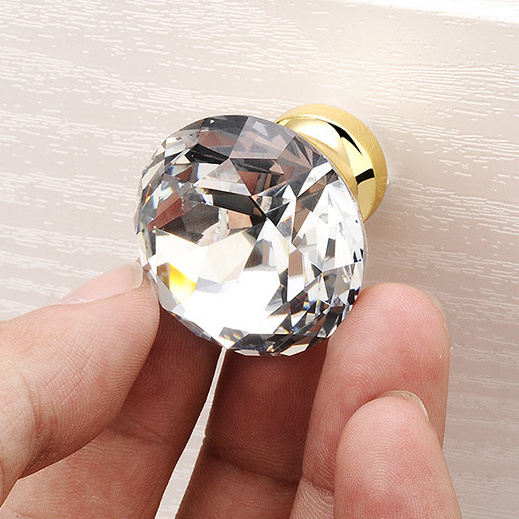 European Silver Golden Base Clear Glass Crystal Furniture Cabinet Drawer Pull Diamond Knobs