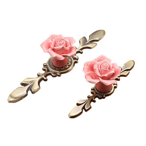 Furniture Colorful Flower Ceramic Drawer Handles Knobs Elegant Pink Rose Cabinet Pulls