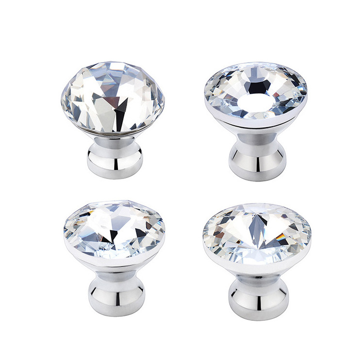 European Silver Golden Base Clear Glass Crystal Furniture Cabinet Drawer Pull Diamond Knobs