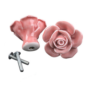 Furniture Flower Ceramic Drawer Handles Knobs  Elegant Pink Rose Bedroom Dresser Pulls