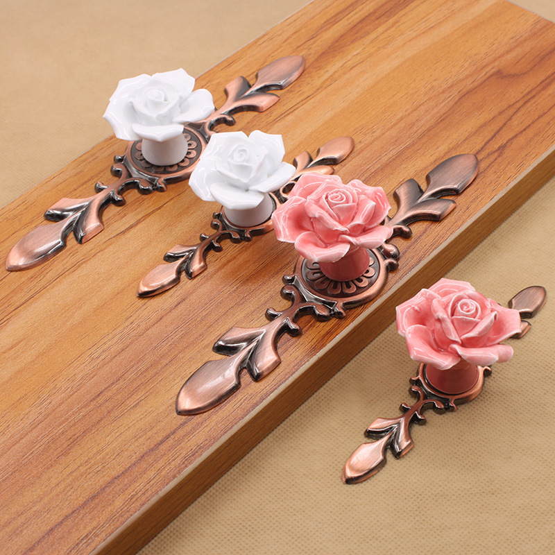 Furniture Colorful Flower Ceramic Drawer Handles Knobs Elegant Pink Rose Cabinet Pulls