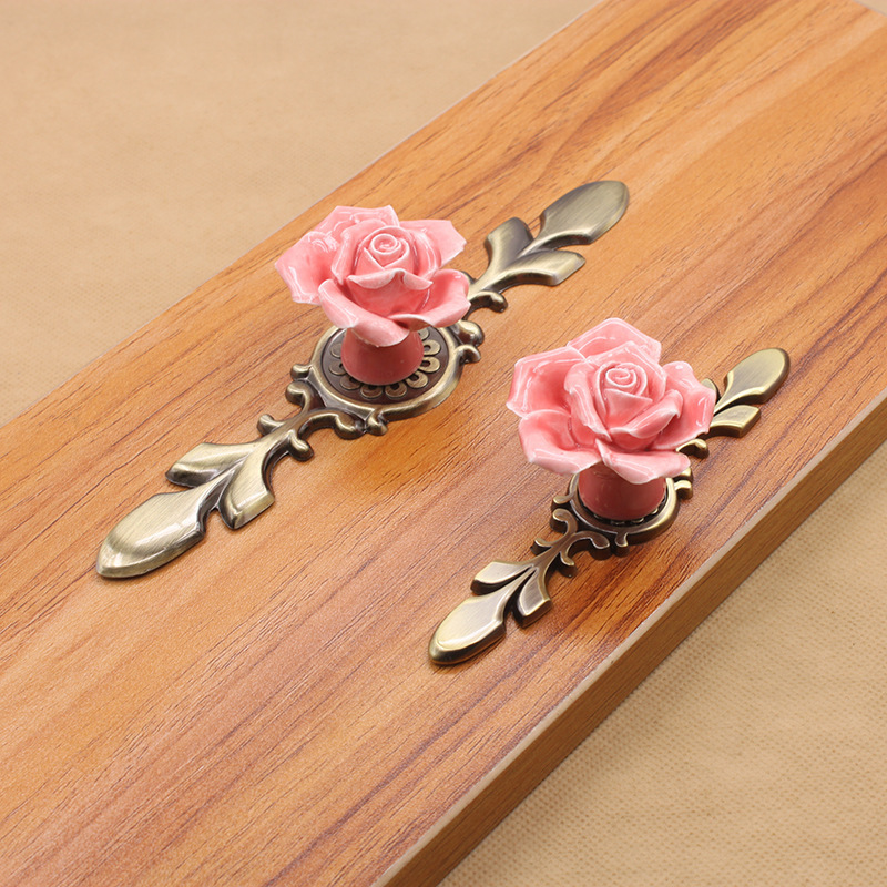 Furniture Colorful Flower Ceramic Drawer Handles Knobs Elegant Pink Rose Cabinet Pulls