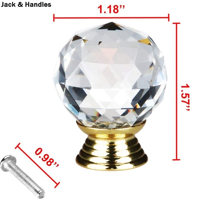 30mm 40mm Diameter Gloden Base+Clear Crystal Furniture Cabinet Drawer Cupboar Pull Handle Knob