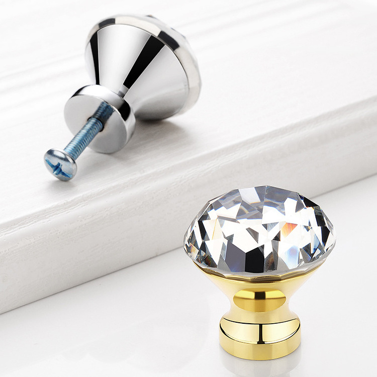 European Silver Golden Base Clear Glass Crystal Furniture Cabinet Drawer Pull Diamond Knobs