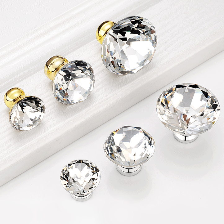 European Silver Golden Base Clear Glass Crystal Furniture Cabinet Drawer Pull Diamond Knobs