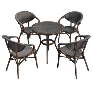 Cheap  Outdoor Restaurant Aluminum Mesh Cafe Dining Table and Chairs Sets Stacking French Bistro Chairs