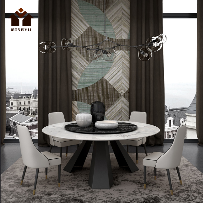 Country Round Rotating Marble Dining Tables Strong Bearing Capacity Indoor Furniture High Quality Decoration Eating Tables Deco