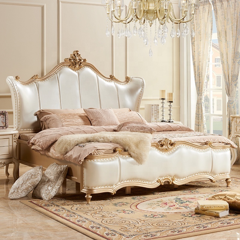 Champagne Color Antique Leather Bed French Style Hand Carved Bedroom Furniture Set European Bed