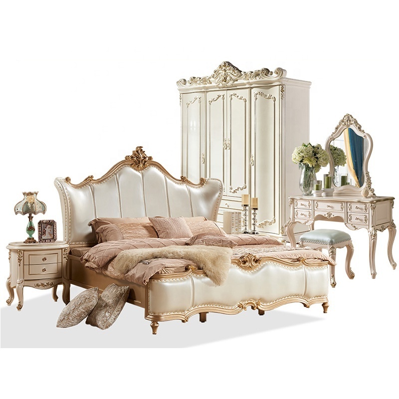 Champagne Color Antique Leather Bed French Style Hand Carved Bedroom Furniture Set European Bed