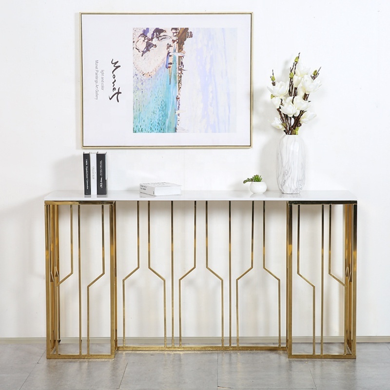 European Style Gold Console Table Decorative Living Room Table Stainless Steel Marble Console Table