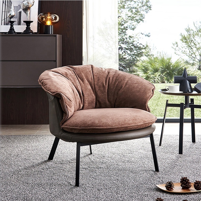 Vintage Velvet Leisure Chair Cozy Upholstered Armchair Bedroom Metal Legs Single Round Chair