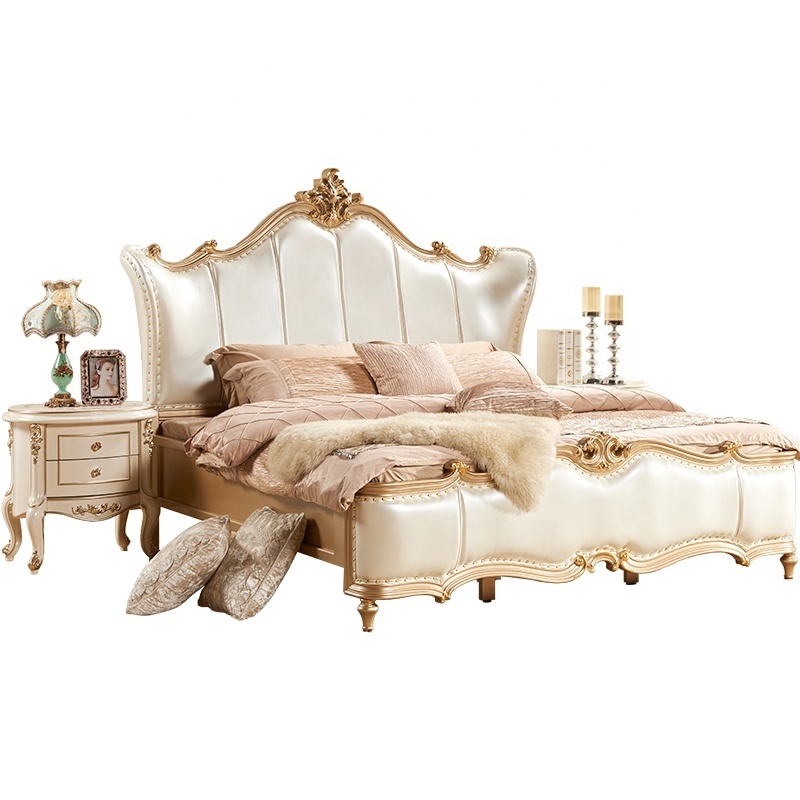 Champagne Color Antique Leather Bed French Style Hand Carved Bedroom Furniture Set European Bed