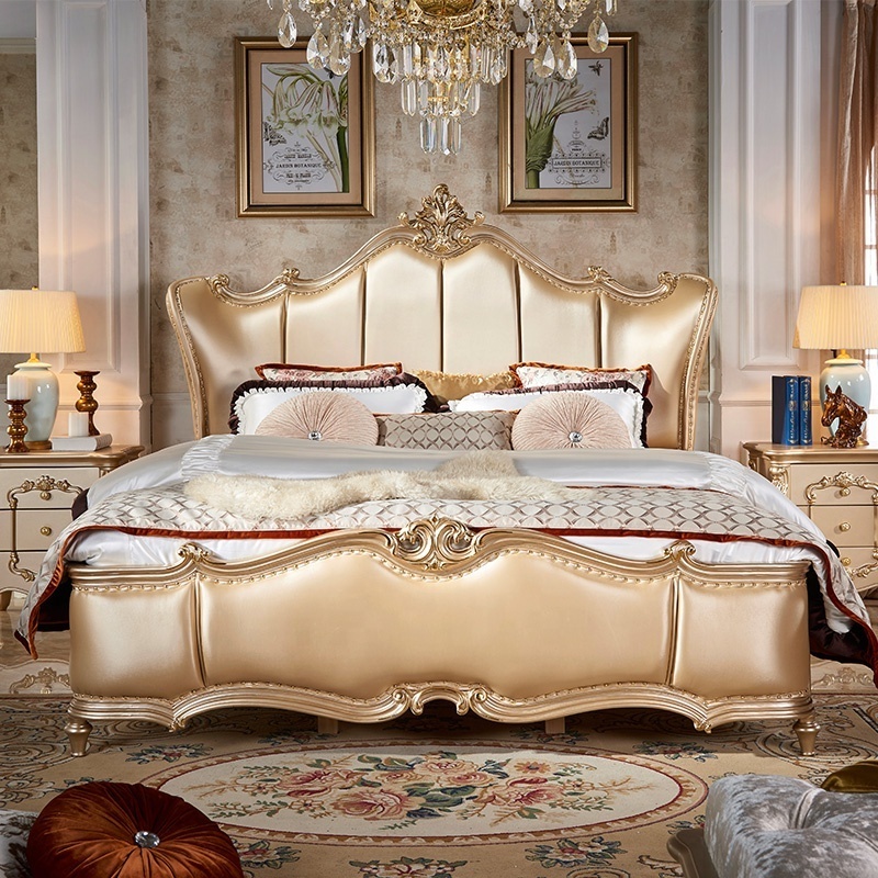 Champagne Color Antique Leather Bed French Style Hand Carved Bedroom Furniture Set European Bed