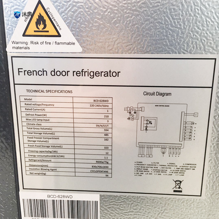 Good Quality French Door Refrigerators with Water Dispenser Wind Cooled Big Size 628L 4 Electric Portable Stainless Steel 220